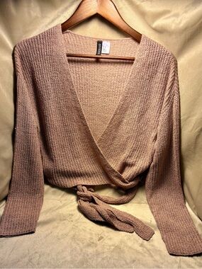 H&M Divided Ballet Wrap Sweater Taupe Tie Front Knit Crop Top